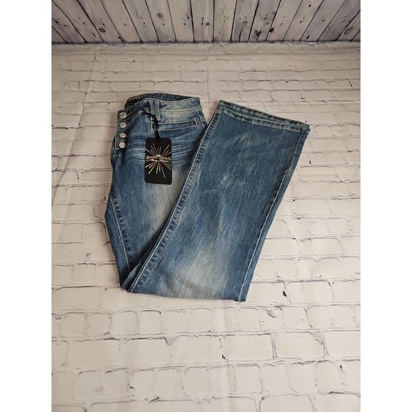 NEW Almost Famous 13 Low Rise Flared Jeans Distressed Button Fly Pockets - Picture 1 of 16